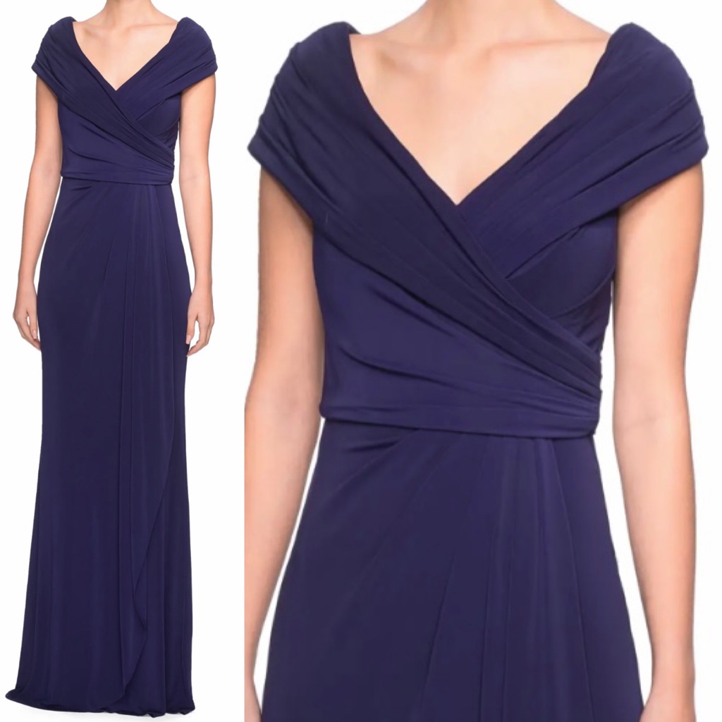 New La Femme Navy Ruched Jersey Column Gown La Femme Size 16 Or 8